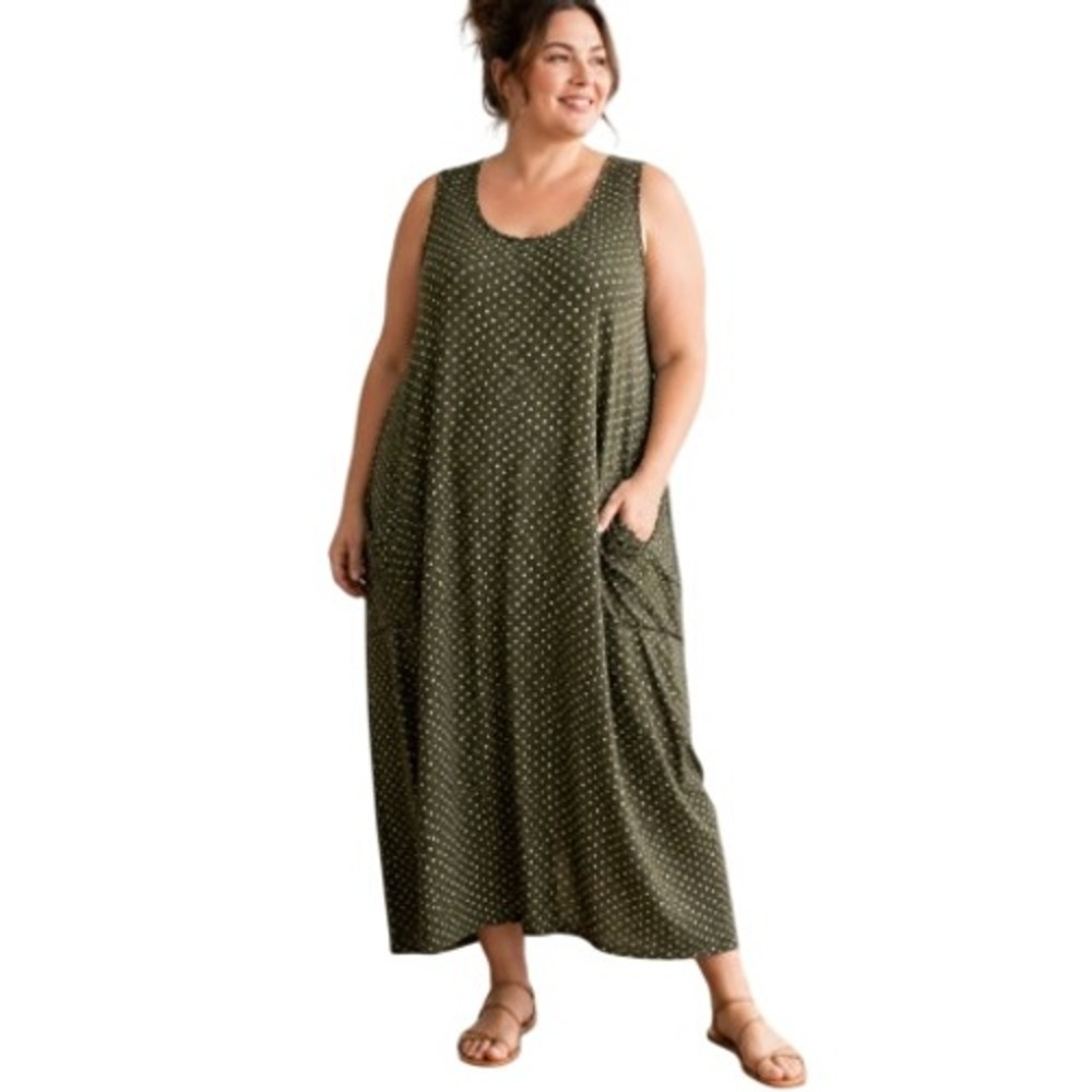 Vintage April Cornell Polka Dot Maxi Dress Women 2XL Green White Relaxed Cottage
